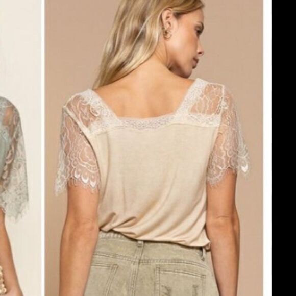 POL - Sweetheart Eyelash Lace Sleeve Shirt sz Small in TAN/Cream color - Picture 3 of 9